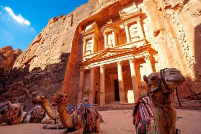 Petra Treasury With Camels In Front
