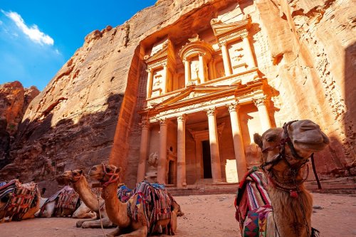 Petra Treasury With Camels In Front