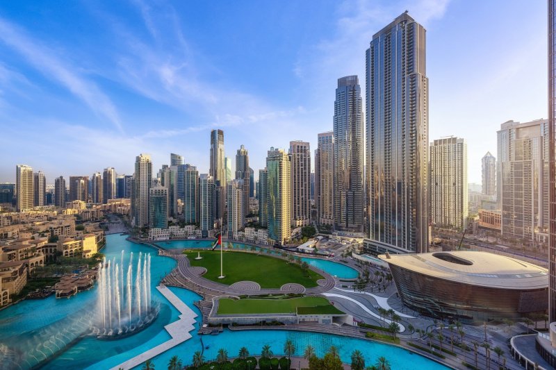 Dubai Skyline View With Fountain
