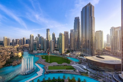 Dubai Skyline View With Fountain