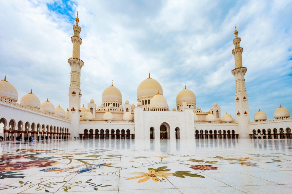 a view of the Sheikh Zayed Grand Mosque located in Abu Dhabi which is the capital city of the United Arab Emirates
